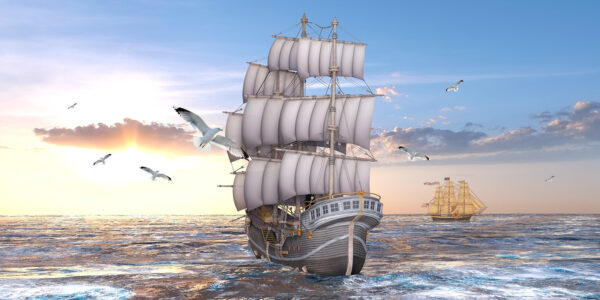 Schiff im Wasser mit fliegenden Vögeln Schiff im Wasser mit fliegenden Vögeln