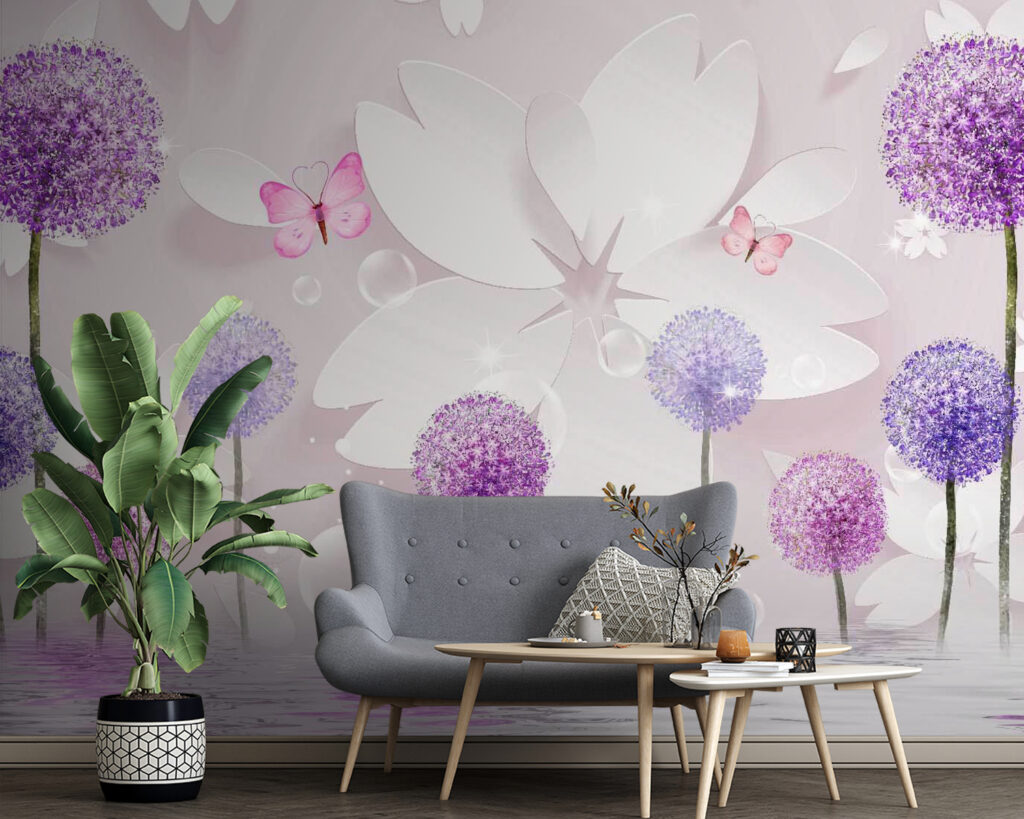 Purple and white flowers with butterflies