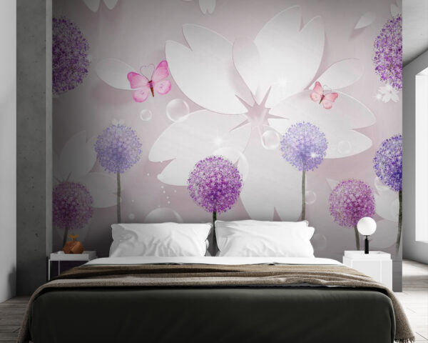 Purple and white flowers with butterflies