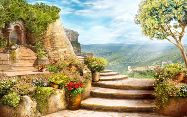 Steintreppe mit Pflanzen und Bäumen an der Seite Steintreppe mit Pflanzen und Bäumen an der Seite