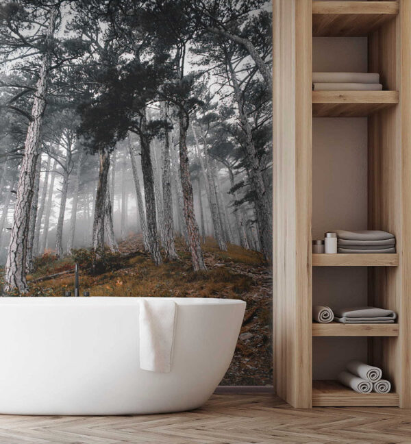 Wald mit Bäumen im Nebel Wald mit Bäumen im Nebel
