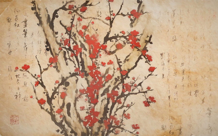 Gemälde eines Baumes mit roten Blumen