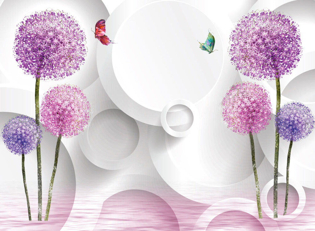 Tapete mit lila Blumen und Schmetterlingen Tapete mit lila Blumen und Schmetterlingen