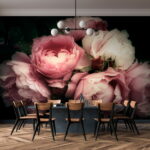 Wasser mit Bäumen und einem nebligen Himmel Fototapeten Gruppe von rosa und weißen Rosen