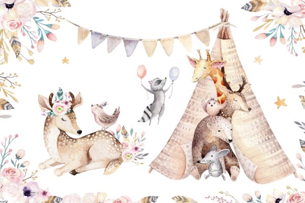 Group of animals with a teepee