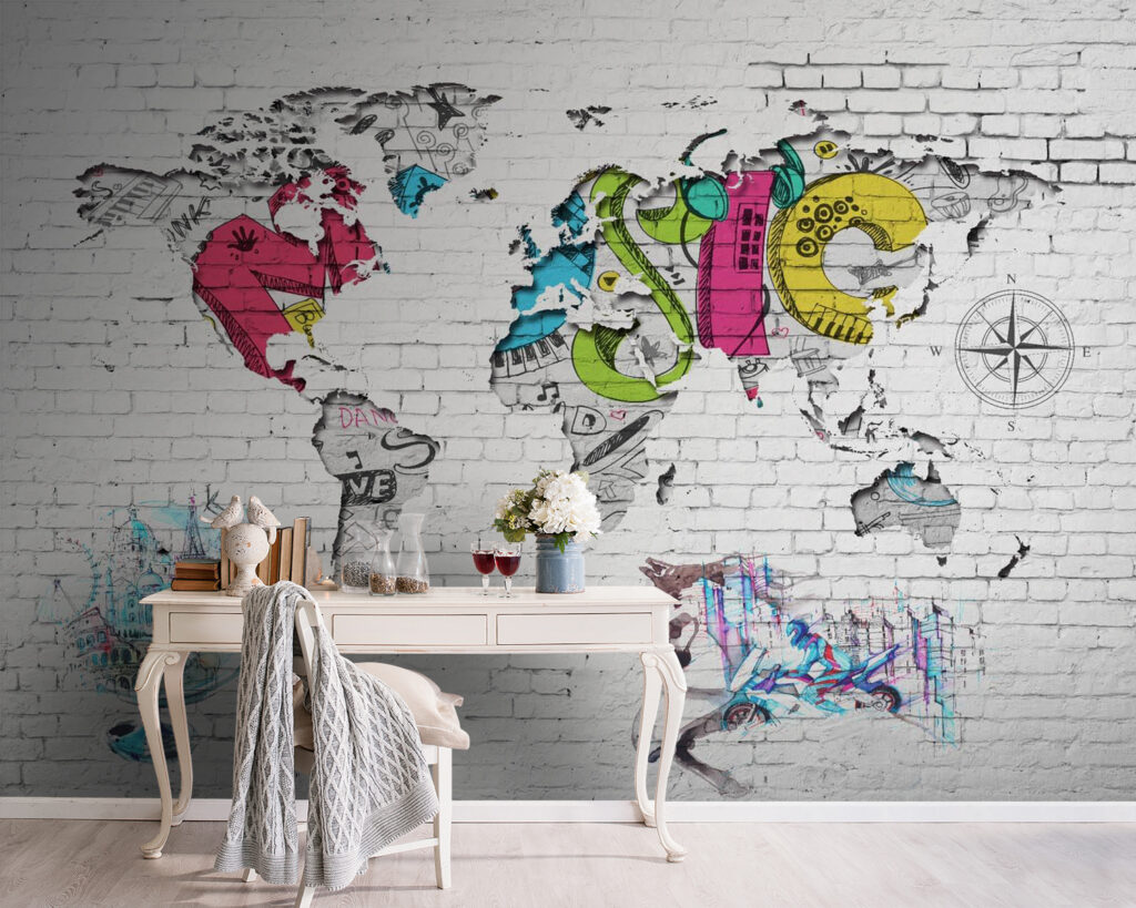 Map of the world painted on a brick wall