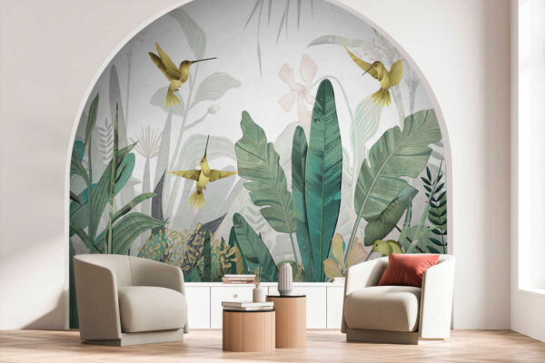 Hummingbirds flying over plants