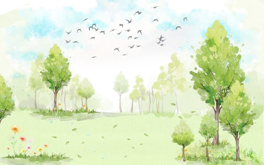 Grünes Feld mit Bäumen und fliegenden Vögeln am Himmel Grünes Feld mit Bäumen und fliegenden Vögeln am Himmel
