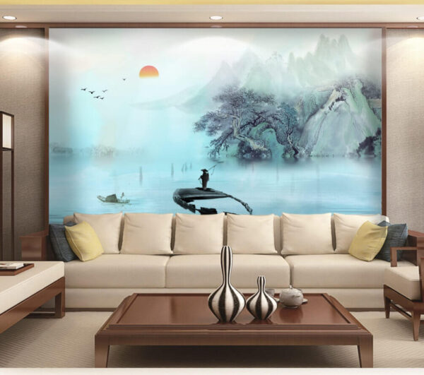 Fototapeten Fototapeten Mann steht auf einem Boot im Wasser mit Bergen und Bäumen (Artikelnummer: u05828)