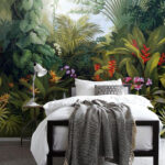 Fototapeten Gemälde eines Waldes mit Blumen