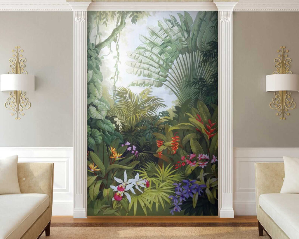 Painting of a forest with flowers