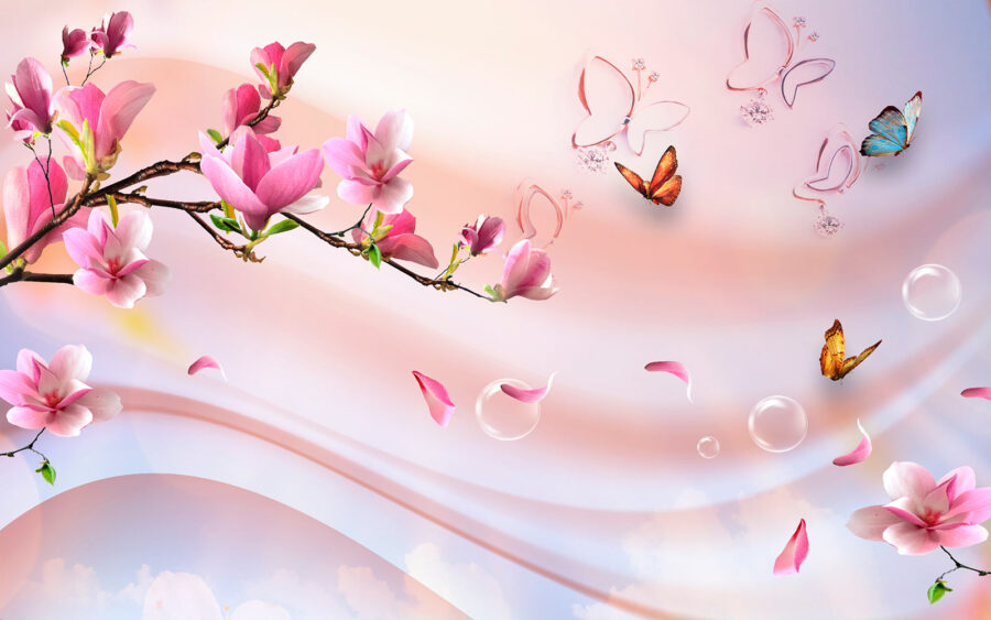 Rosa Blumen und Schmetterlinge