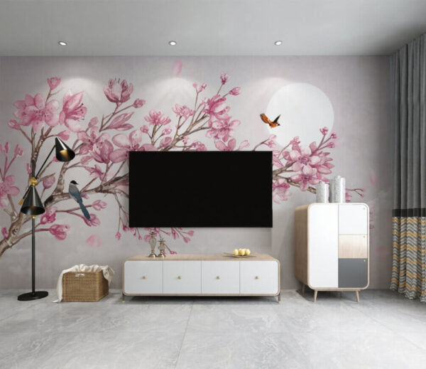 Gemälde eines Zweigs mit rosa Blumen und Vögeln Gemälde eines Zweigs mit rosa Blumen und Vögeln