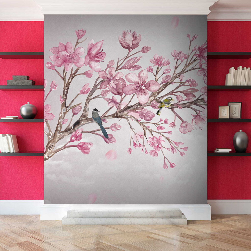 Painting of a branch with pink flowers and birds