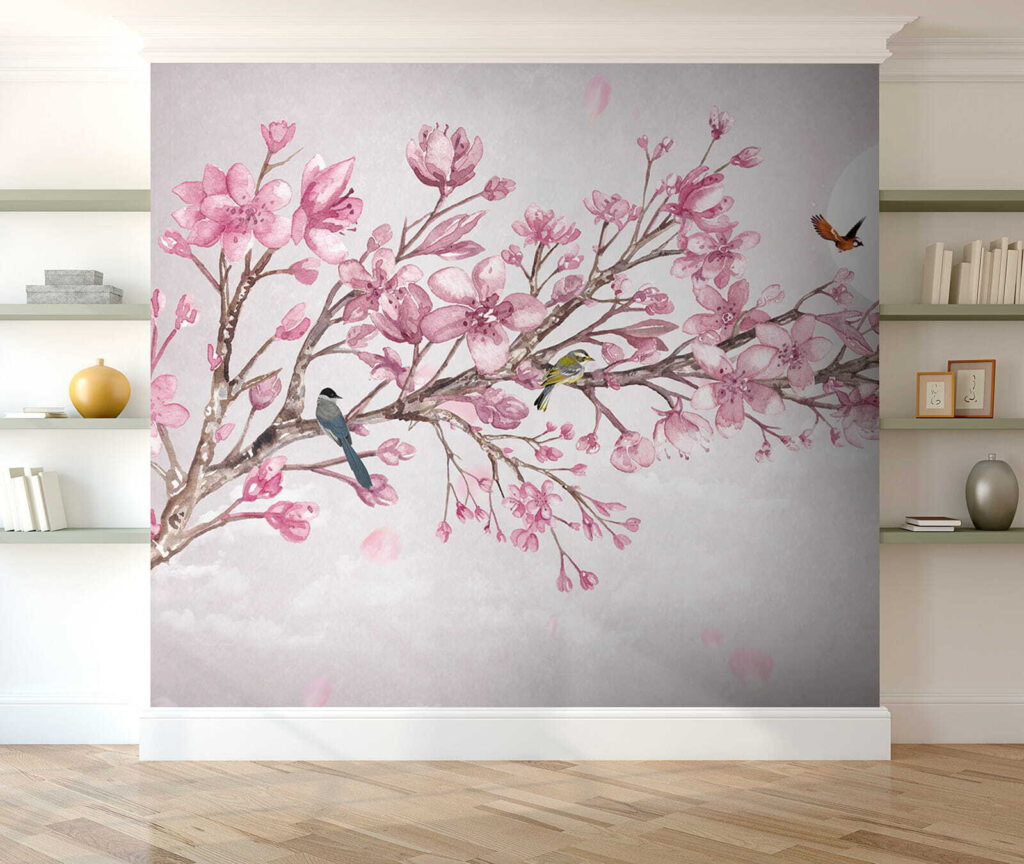 Painting of a branch with pink flowers and birds