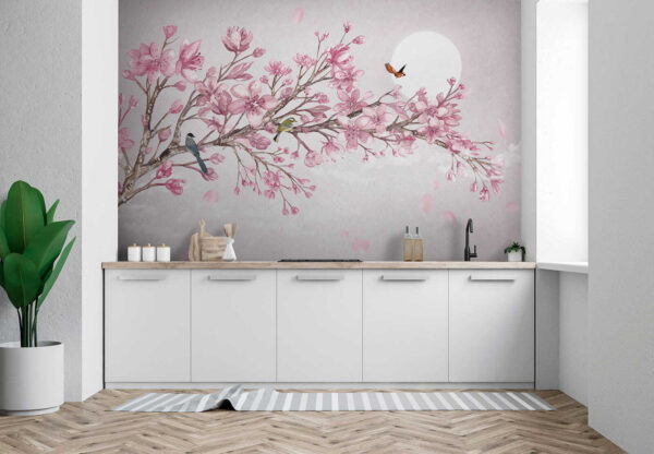 Gemälde eines Zweigs mit rosa Blumen und Vögeln Gemälde eines Zweigs mit rosa Blumen und Vögeln