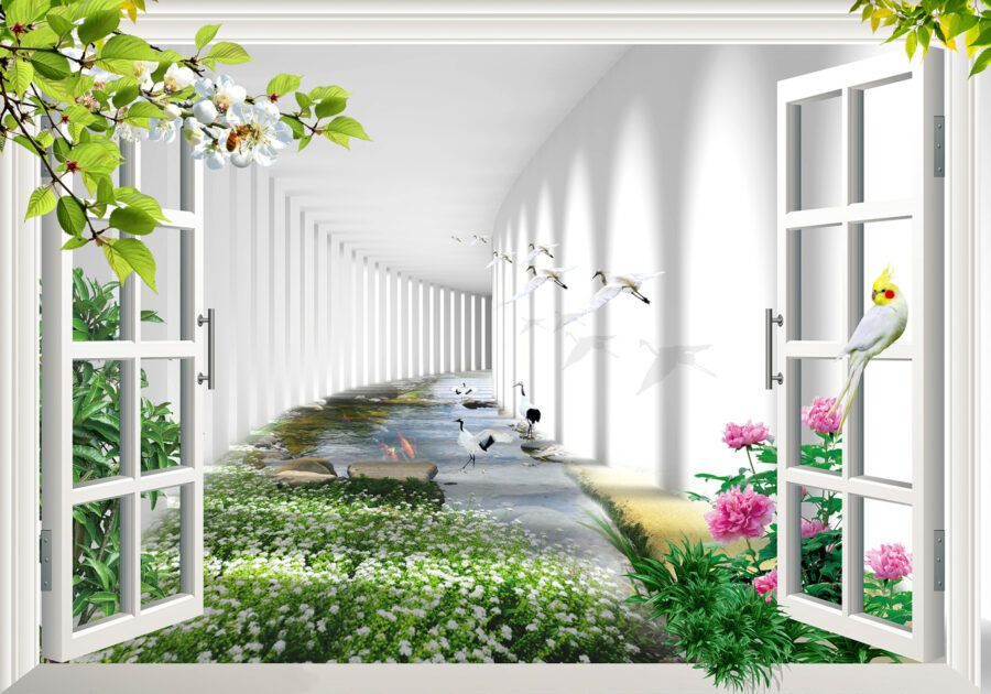 Fototapeten Fenster mit Blick auf einen Teich und Blumen – Bild 2