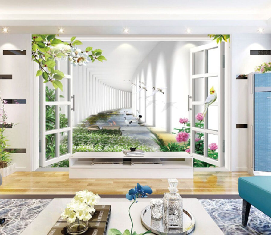 Fototapeten Fenster mit Blick auf einen Teich und Blumen