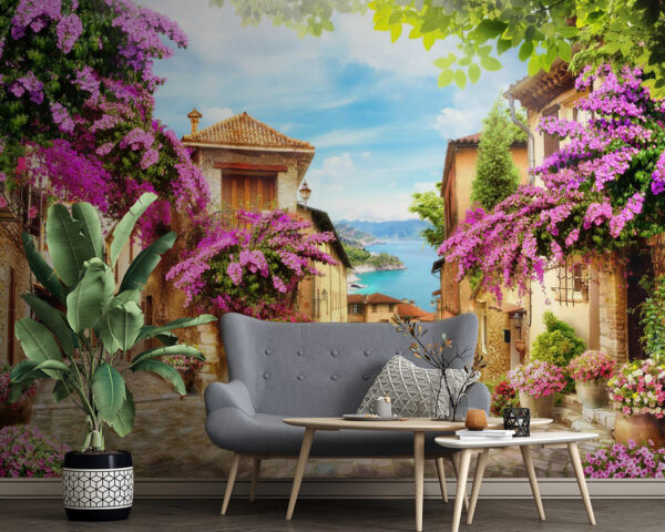 Straße mit Blumen und Bäumen Straße mit Blumen und Bäumen