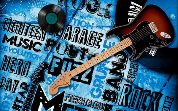 Gitarre und Schallplatte auf blauem Hintergrund Gitarre und Schallplatte auf blauem Hintergrund