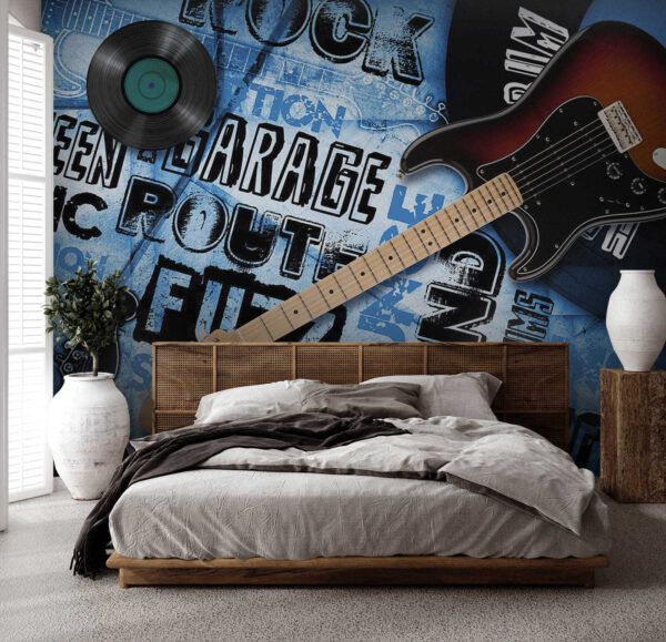 Gitarre und Schallplatte auf blauem Hintergrund Gitarre und Schallplatte auf blauem Hintergrund