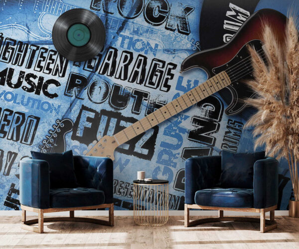 Gitarre und Schallplatte auf blauem Hintergrund Gitarre und Schallplatte auf blauem Hintergrund
