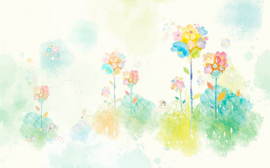 Aquarellmalerei mit Blumen und Kaninchen