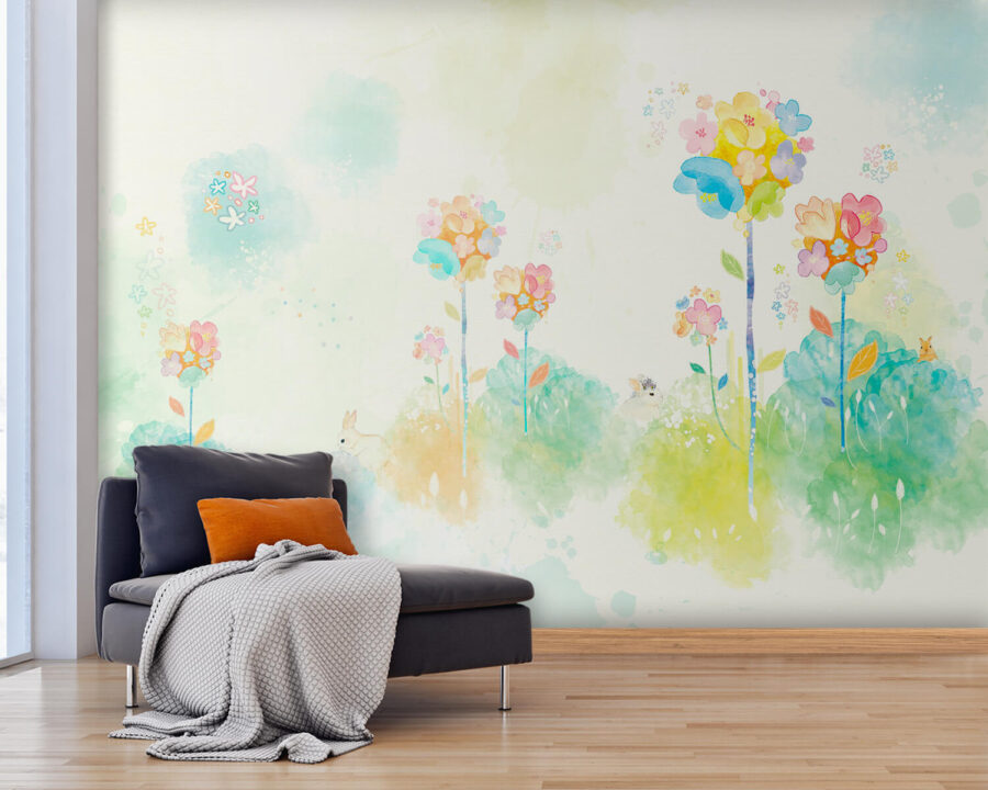 Aquarellmalerei mit Blumen und Kaninchen