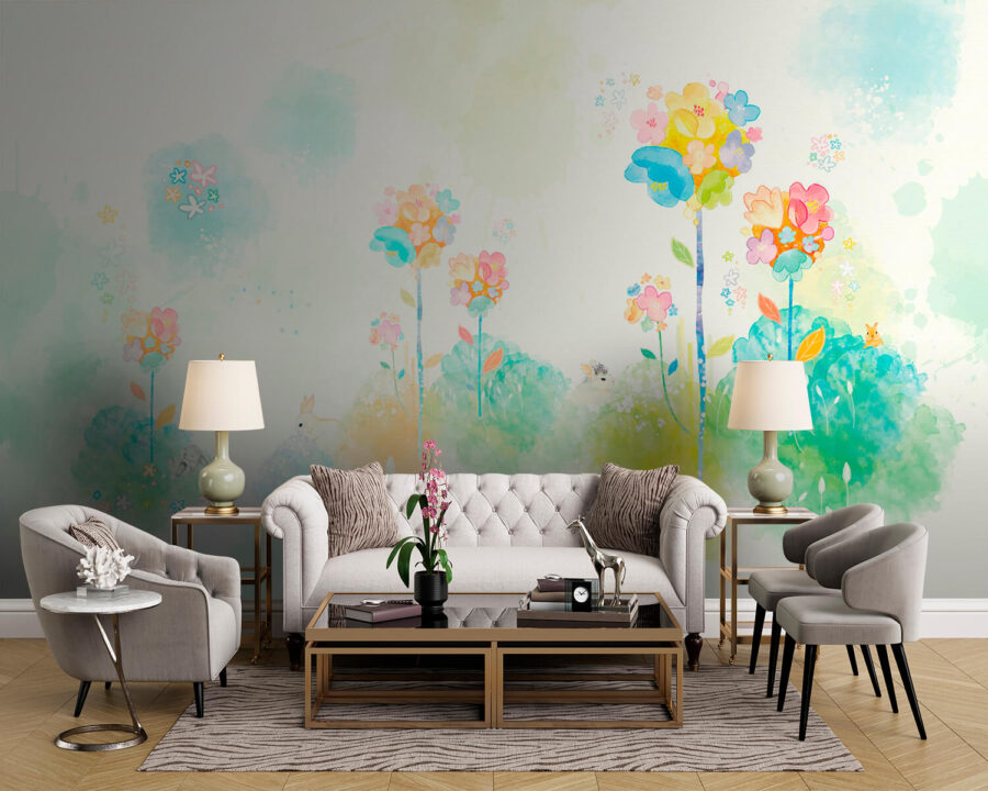Aquarellmalerei mit Blumen und Kaninchen
