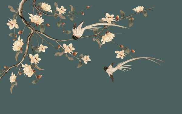 Vogel auf einem Zweig mit Blumen Vogel auf einem Zweig mit Blumen