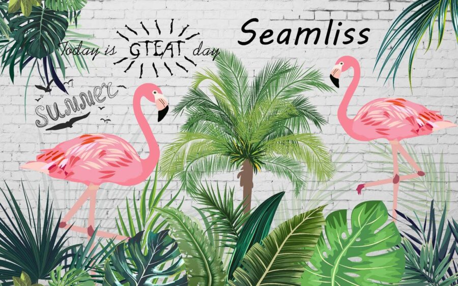 Wand mit Flamingos und Palmen