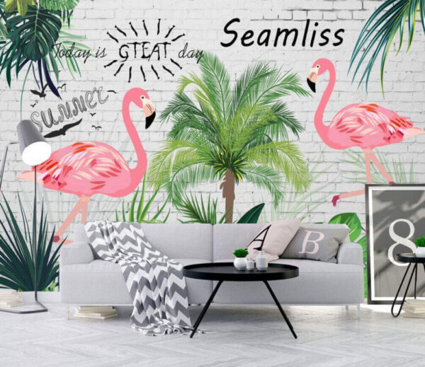 Wand mit Flamingos und Palmen Wand mit Flamingos und Palmen
