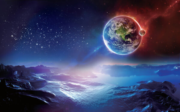 Der Planet Erde und ein Mond im Weltraum Der Planet Erde und ein Mond im Weltraum