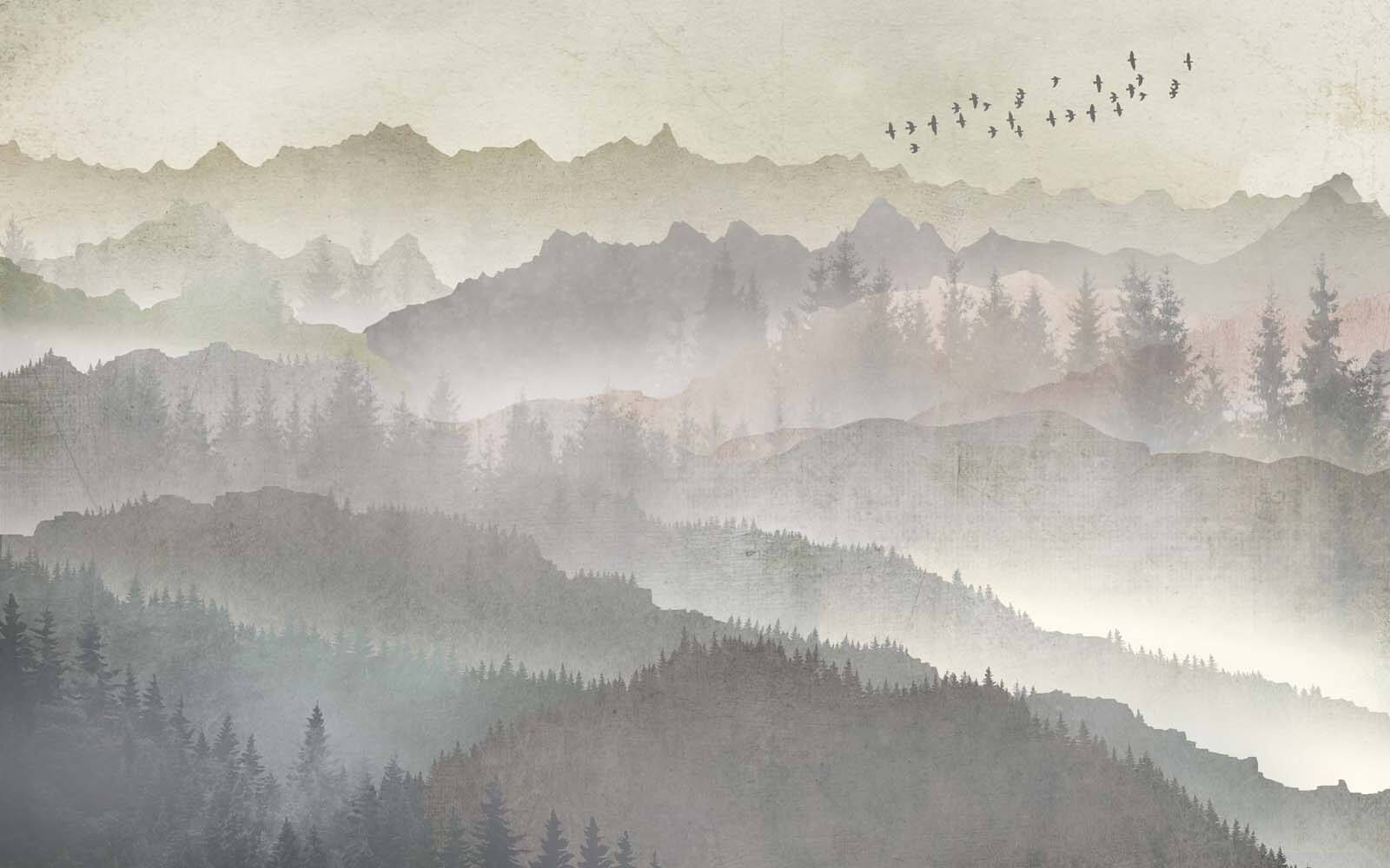 Vögel fliegen über eine Bergkette u09274p - Vögel fliegen über eine Bergkette - tegory