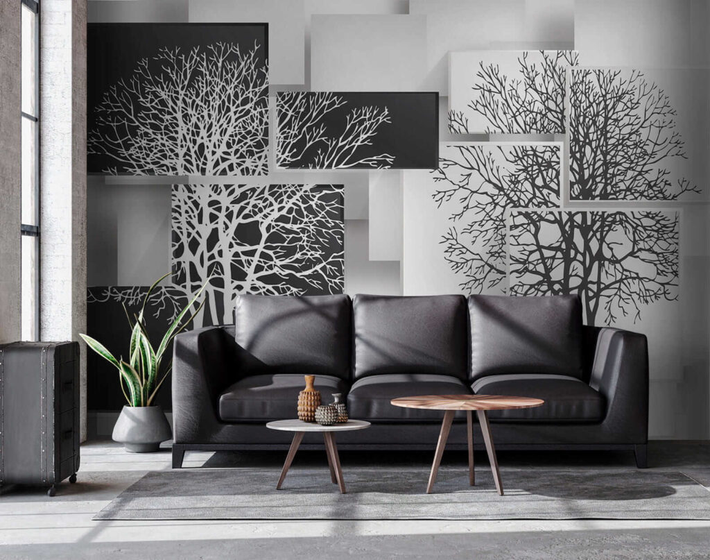 Group of black and white squares with trees on them Group of black and white squares with trees on them