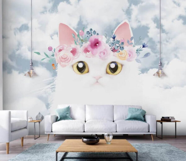 Katze mit Blumen auf dem Kopf Fototapeten Katze mit Blumen auf dem Kopf