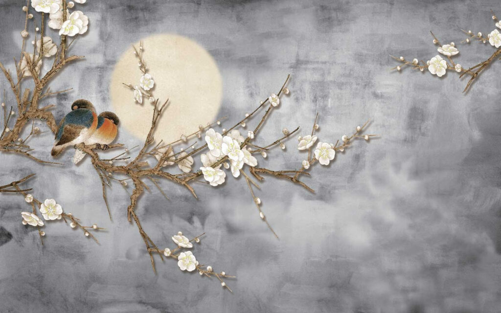 Vogel auf einem Zweig mit weißen Blüten Vogel auf einem Zweig mit weißen Blüten