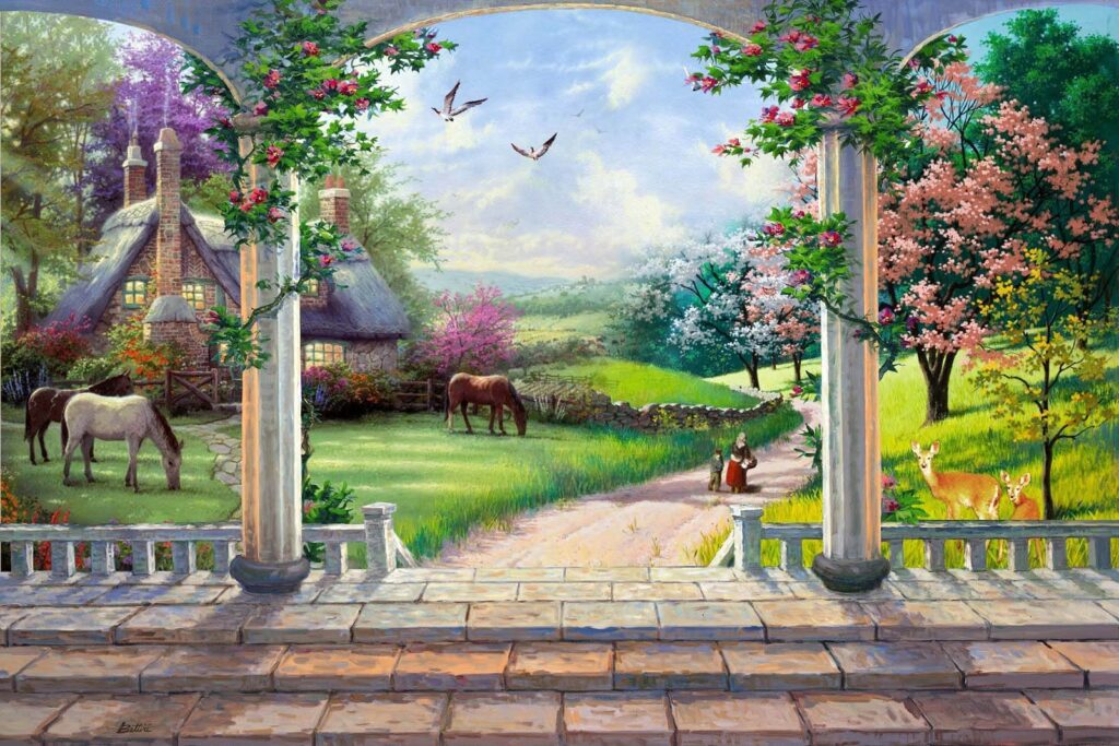 Gemälde einer Landschaft mit einem Pferd und einem Haus Gemälde einer Landschaft mit einem Pferd und einem Haus