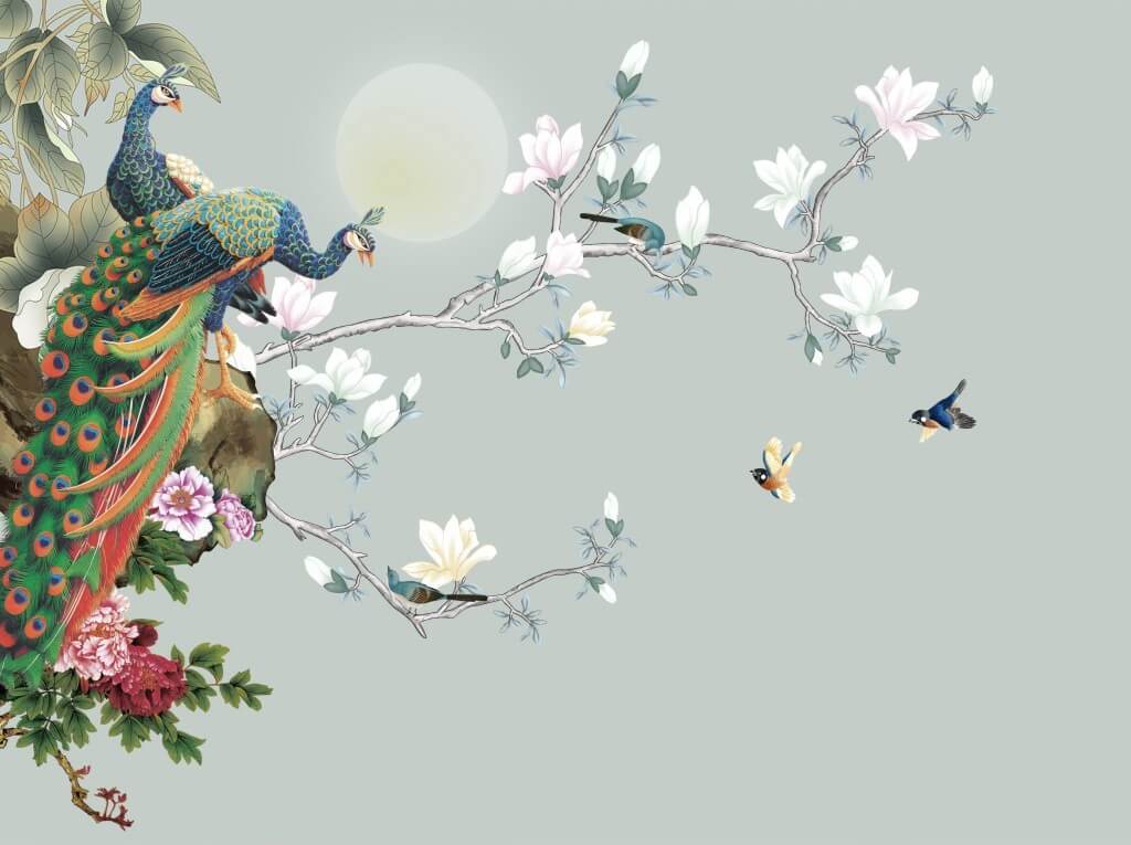 Vogel auf einem Zweig mit Blumen und Vögeln u09915p - Vogel auf einem Zweig mit Blumen und Vögeln - tegory