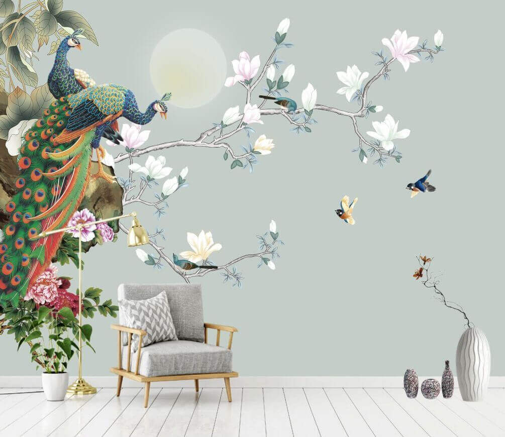 Vogel auf einem Zweig mit Blumen und Vögeln u09915pig1m - Vogel auf einem Zweig mit Blumen und Vögeln - tegory