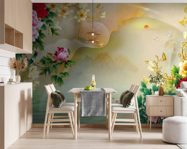 Gemälde mit Blumen und Schwänen Gemälde mit Blumen und Schwänen