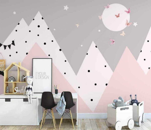 Fototapeten Fototapeten Rosa und graue Berge mit Schmetterlingen (Artikelnummer: u14116)