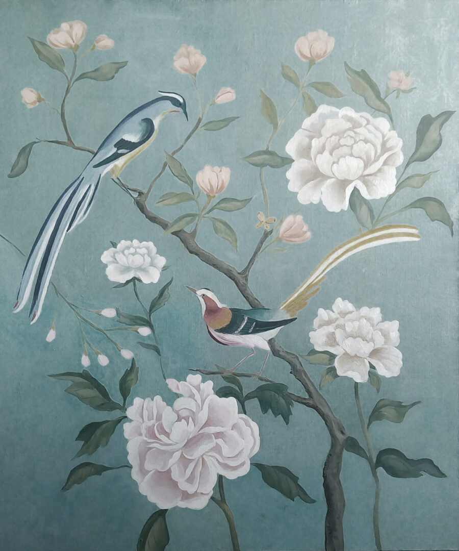 Gemälde von Vögeln auf einem Zweig mit Blumen Gemälde von Vögeln auf einem Zweig mit Blumen