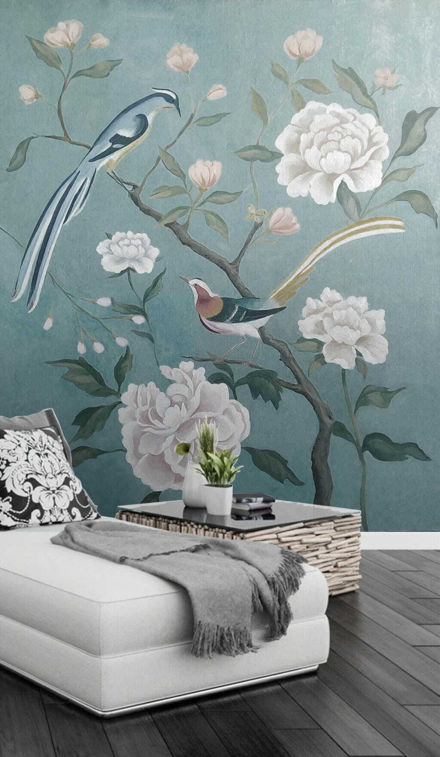 Gemälde von Vögeln auf einem Zweig mit Blumen Gemälde von Vögeln auf einem Zweig mit Blumen