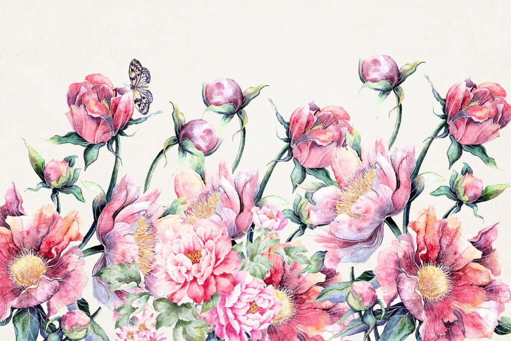 Aquarellmalerei von Blumen und einem Schmetterling Aquarellmalerei von Blumen und einem Schmetterling