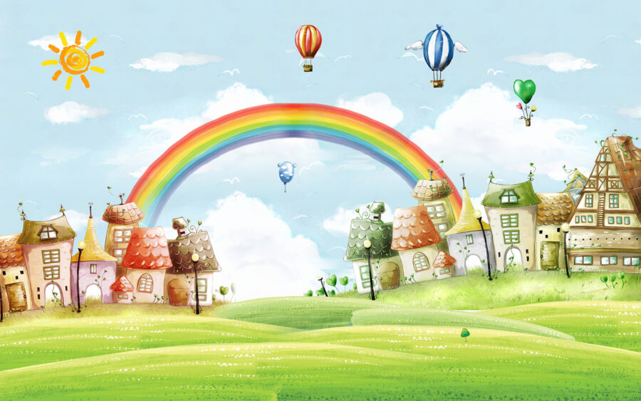 Cartoon-Landschaft mit einem Regenbogen und Häusern