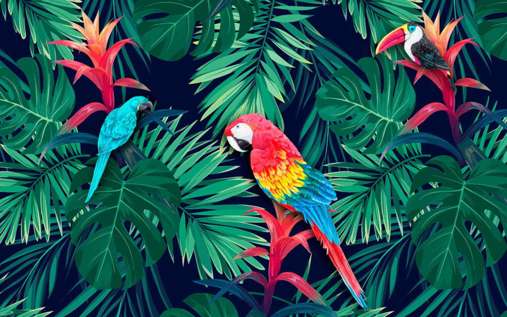 Bunte Papageien und Blätter Bunte Papageien und Blätter