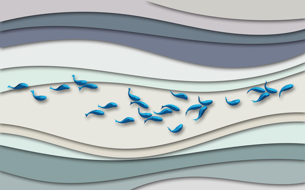 Gruppe von blauen Fischen, die in einer Gruppe von Wellen schwimmen Gruppe von blauen Fischen, die in einer Gruppe von Wellen schwimmen