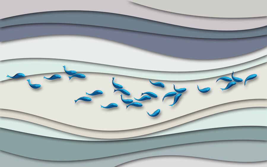 Gruppe von blauen Fischen, die in einer Gruppe von Wellen schwimmen