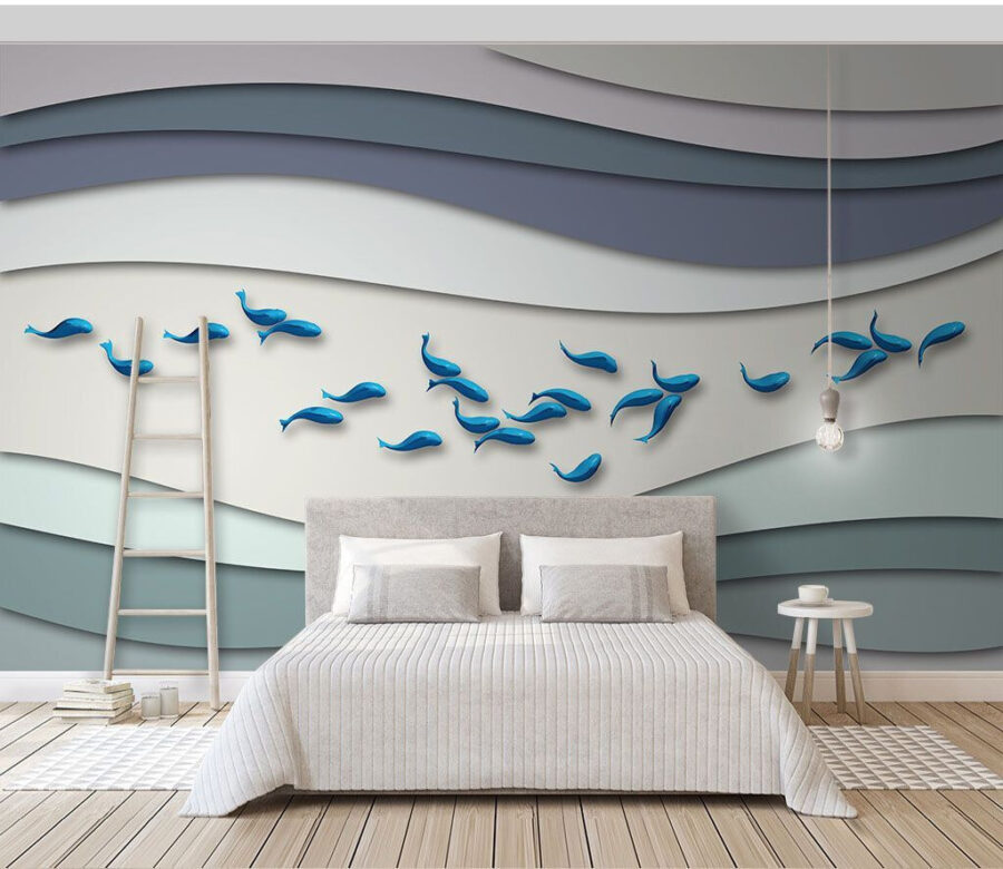 Gruppe von blauen Fischen, die in einer Gruppe von Wellen schwimmen